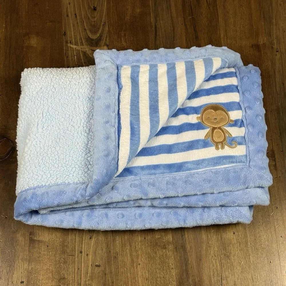 Carters Child of Mine Blue White Stripe Minky Dot Sherpa Baby Blanket Monkey